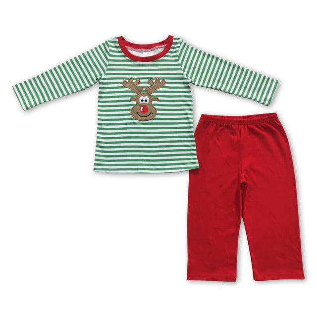 Sibling Baby Kids Christmas Embroidery Deer Stripe Clothes Sets Rompers Dresses