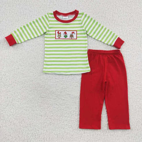 9.19 RTS Sibling Baby Boys Girls Embroidery Green Faces Pants Christmas Clothes Sets Footie Rompers