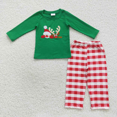 9.19 RTS Sibling Baby Kids Embroidery Santa Deer Green Sleeves Christmas Clothes Sets Footie Rompers
