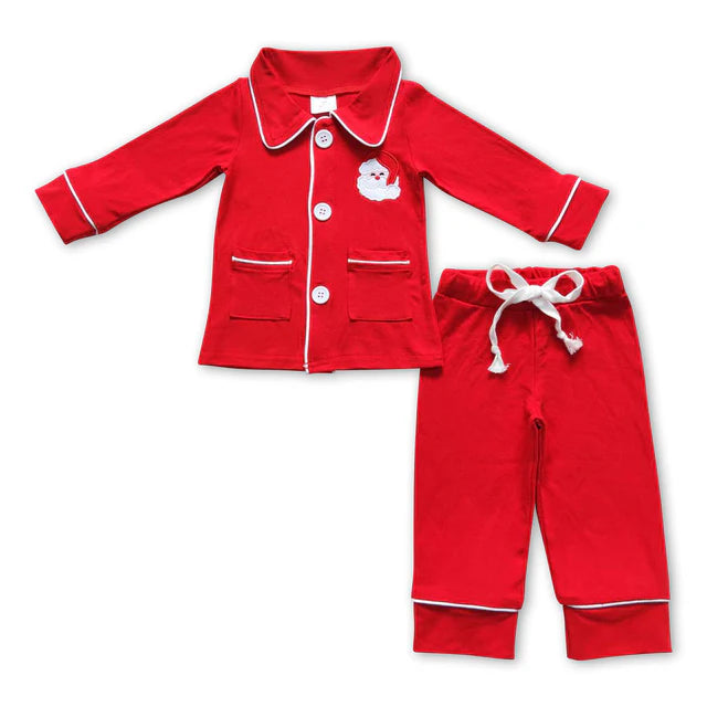 RTS Sibling Baby Kids Embroidery Santa Trees Button Top Pants Christmas Pajamas Sets