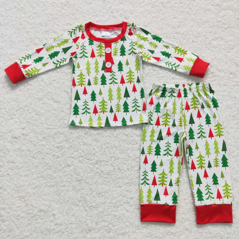 9.16 RTS Sibling Baby Kids Green Red Trees Button Top Pants Christmas Pajamas Sets Zipper Footie Rompers