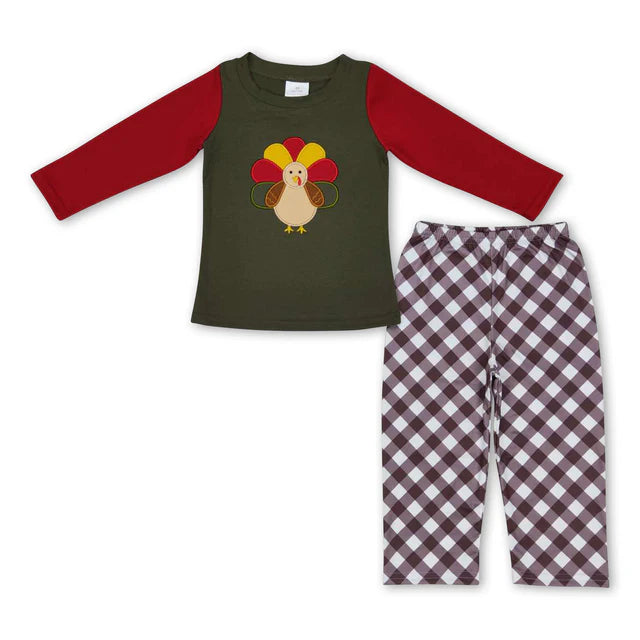 RTS Sibling Baby Kids Embroidery Turkey Thanksgiving Clothes Sets Footie Rompers
