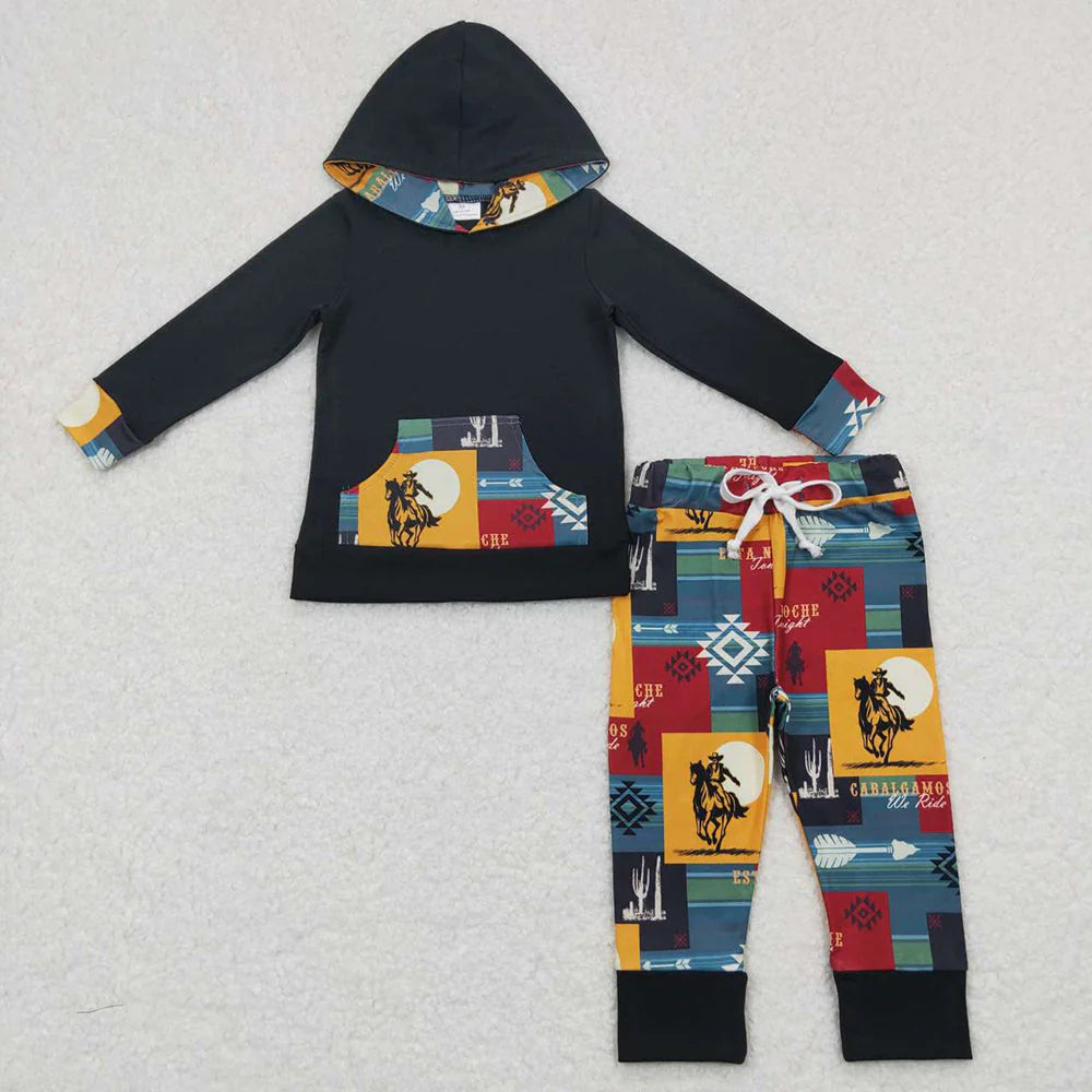 10.3 RTS Sibling Baby Boys Western Hooded Tops Pants Clothes Sets