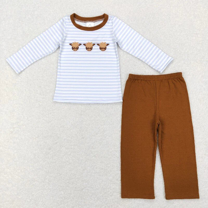 11.19 RTS Sibling Baby Boys Stripe Embroidery Highland Cows Pants Western Clothes Sets Rompers