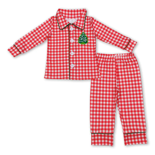 RTS Sibling Baby Kids Embroidery Santa Trees Button Top Pants Christmas Pajamas Sets