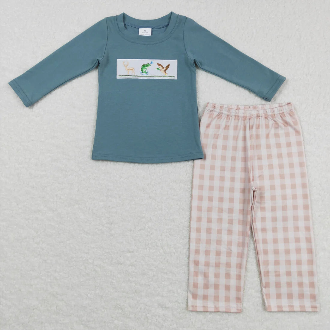1.5 RTS Sibling Baby Boys Embroidery Deer Fish Ducks Top Checked Pants Hunting Clothes Sets Pant Rompers