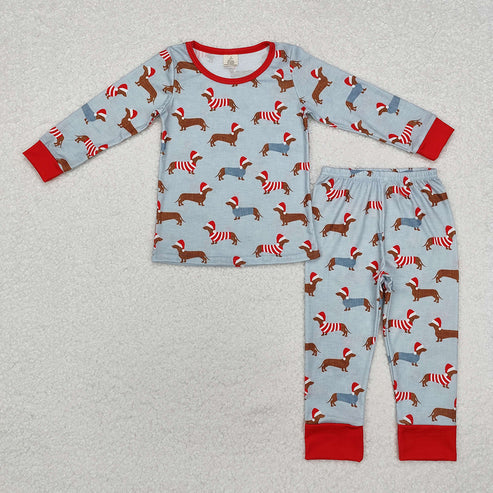 12.4 RTS Sibling Boys Christmas Dachshund Pajamas Rompers Clothes Sets