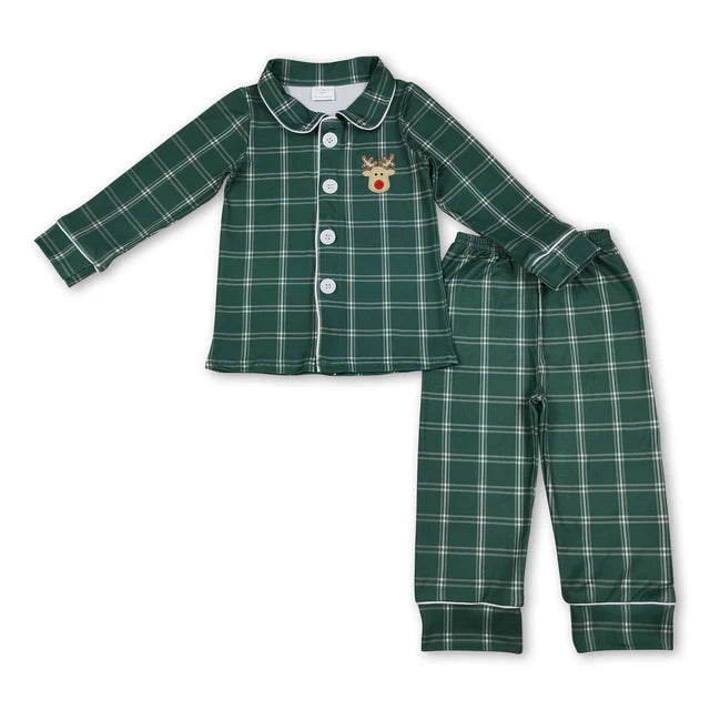 RTS Sibling Baby Kids Embroidery Santa Button Top Pants Christmas Pajamas Sets