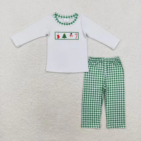9.19 RTS Sibling Baby Kids Embroidery Snowmen Trees Top Pants Christmas Clothes Sets
