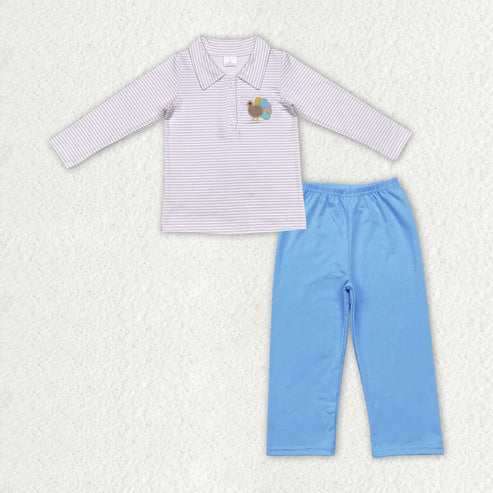 9.22 RTS Sibling Baby Boys Embroidery Turkey Long Sleeves Pants Thanksgiving Clothes Sets