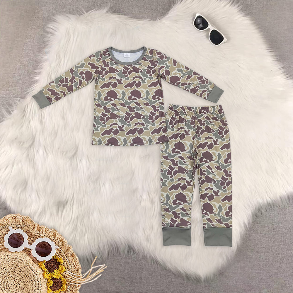 8.18   Sibling Baby Boys Winter Outfits  Long sleeves green camo kids boys bamboo pajamas