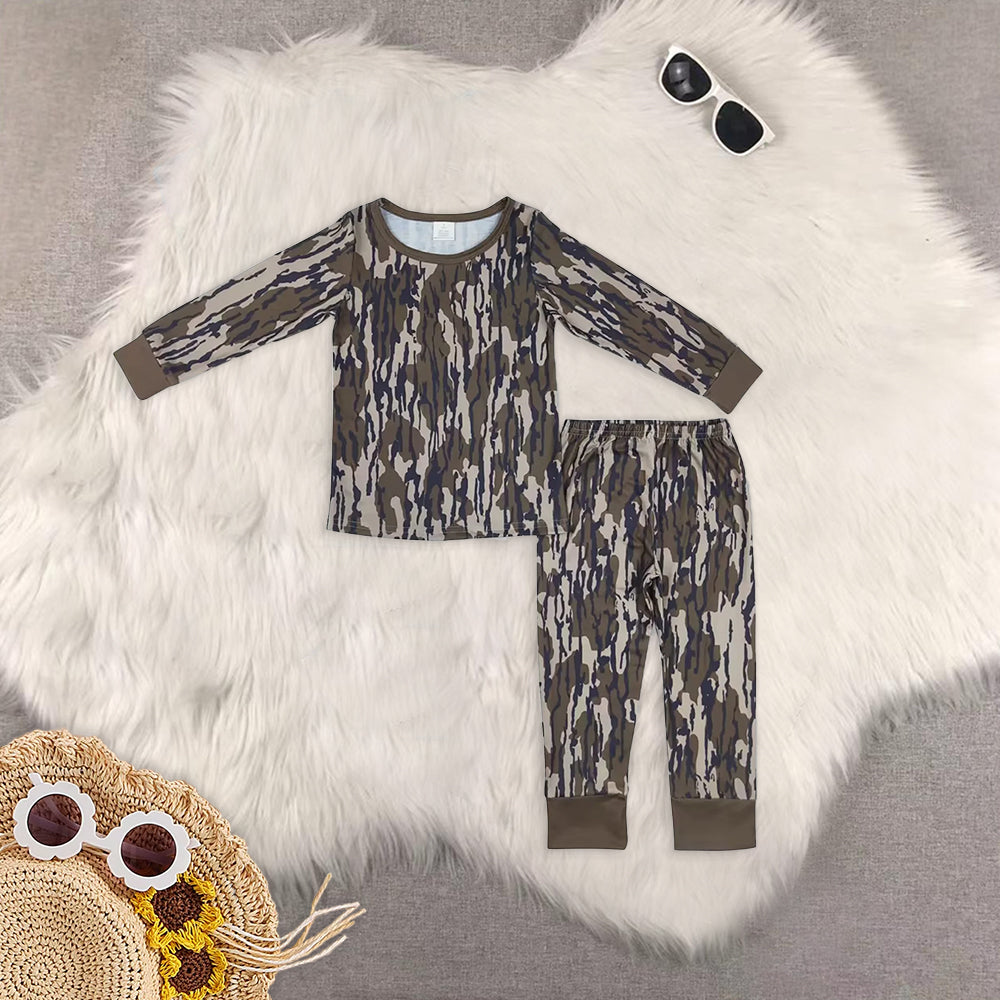 8.18   Sibling Baby Boys Winter Outfits  Long sleeves green camo kids boys bamboo pajamas