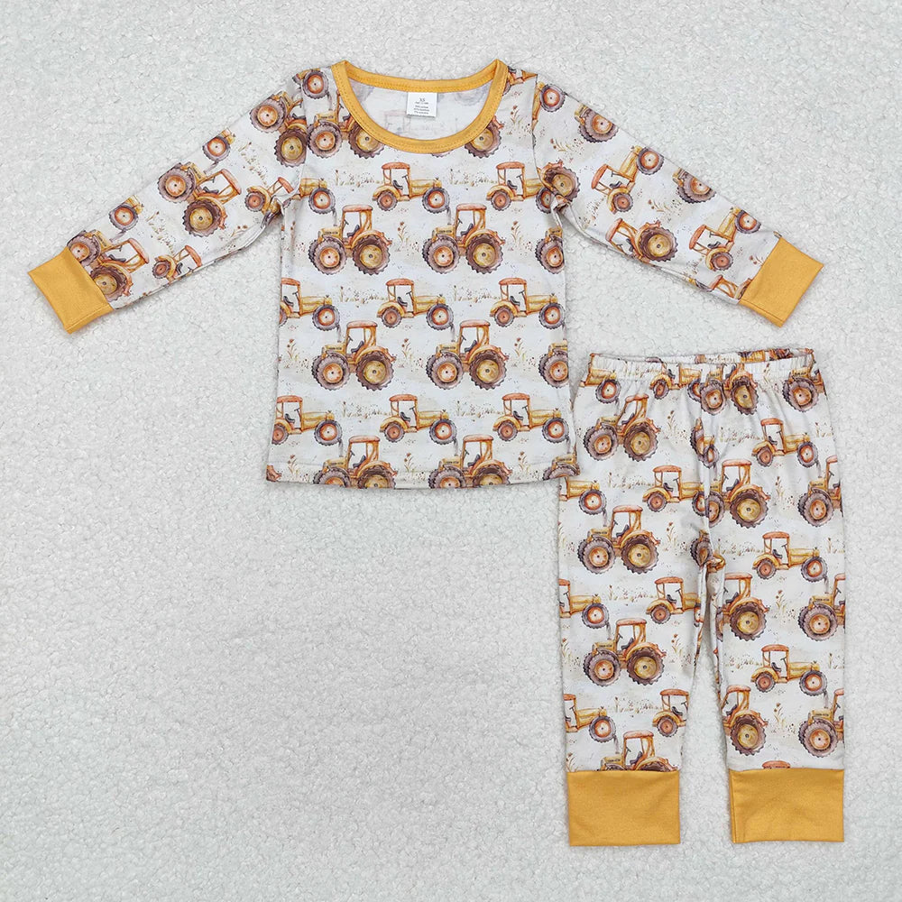1.20 RTS Sibling Brother Baby Boys Farm Trucks Bamboo Rompers Pajamas
