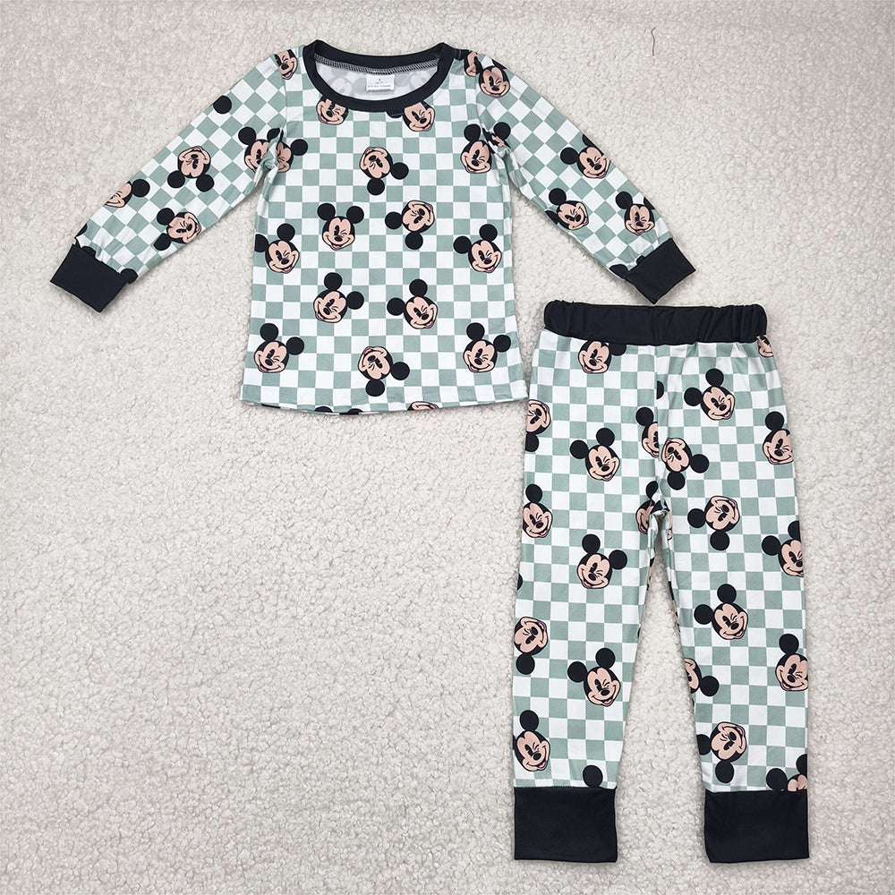 7.22  BLP0937 RTS NO MOQ Baby Boys Winter Outfits  Baby Boys Winter Outfits Baby Boys Cartoon Mouse Checker Long Sleeves Pajama Set