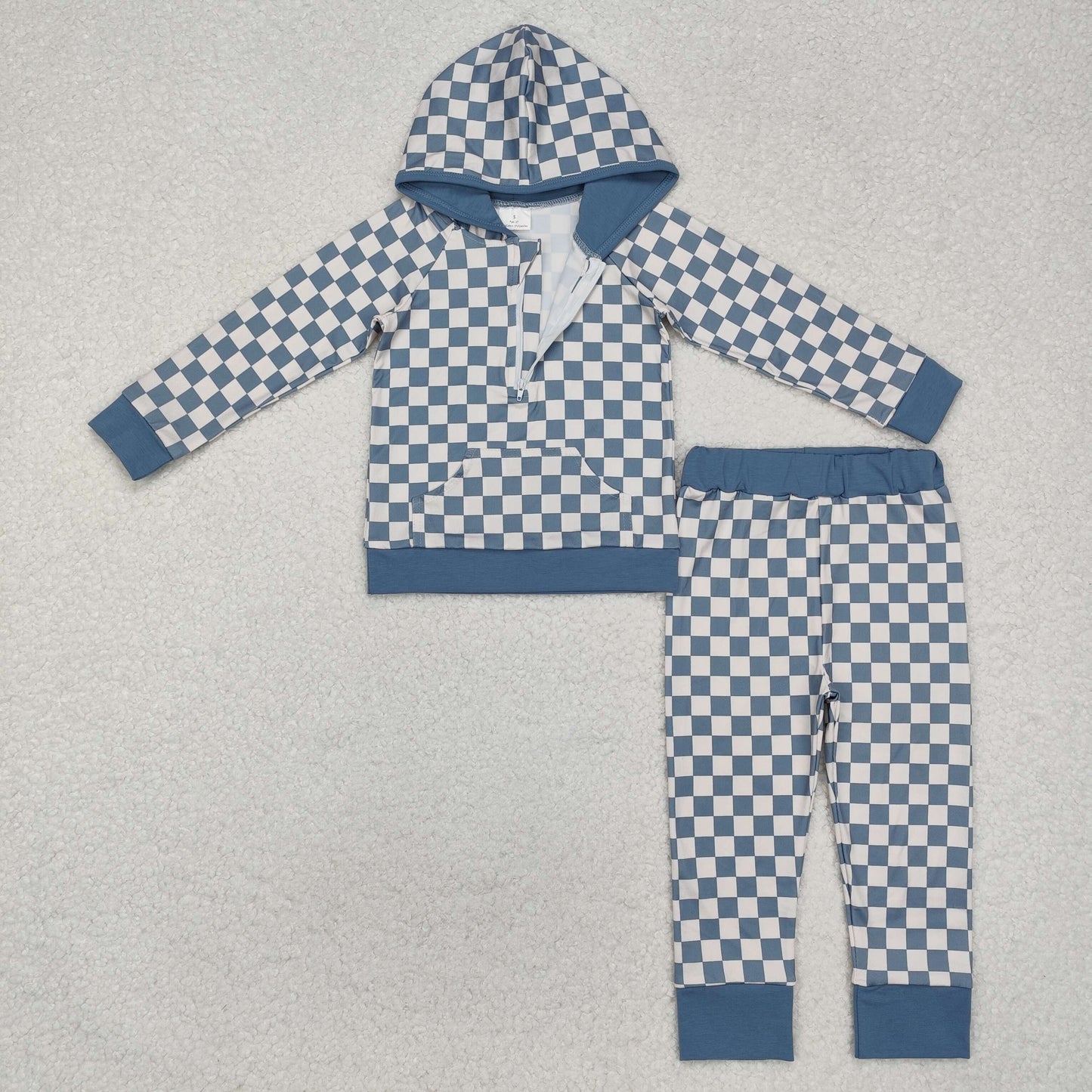 BLP0951 Light blue plaid long sleeves hoodie children clothing set