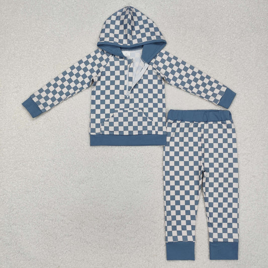 BLP0951 Light blue plaid long sleeves hoodie children clothing set