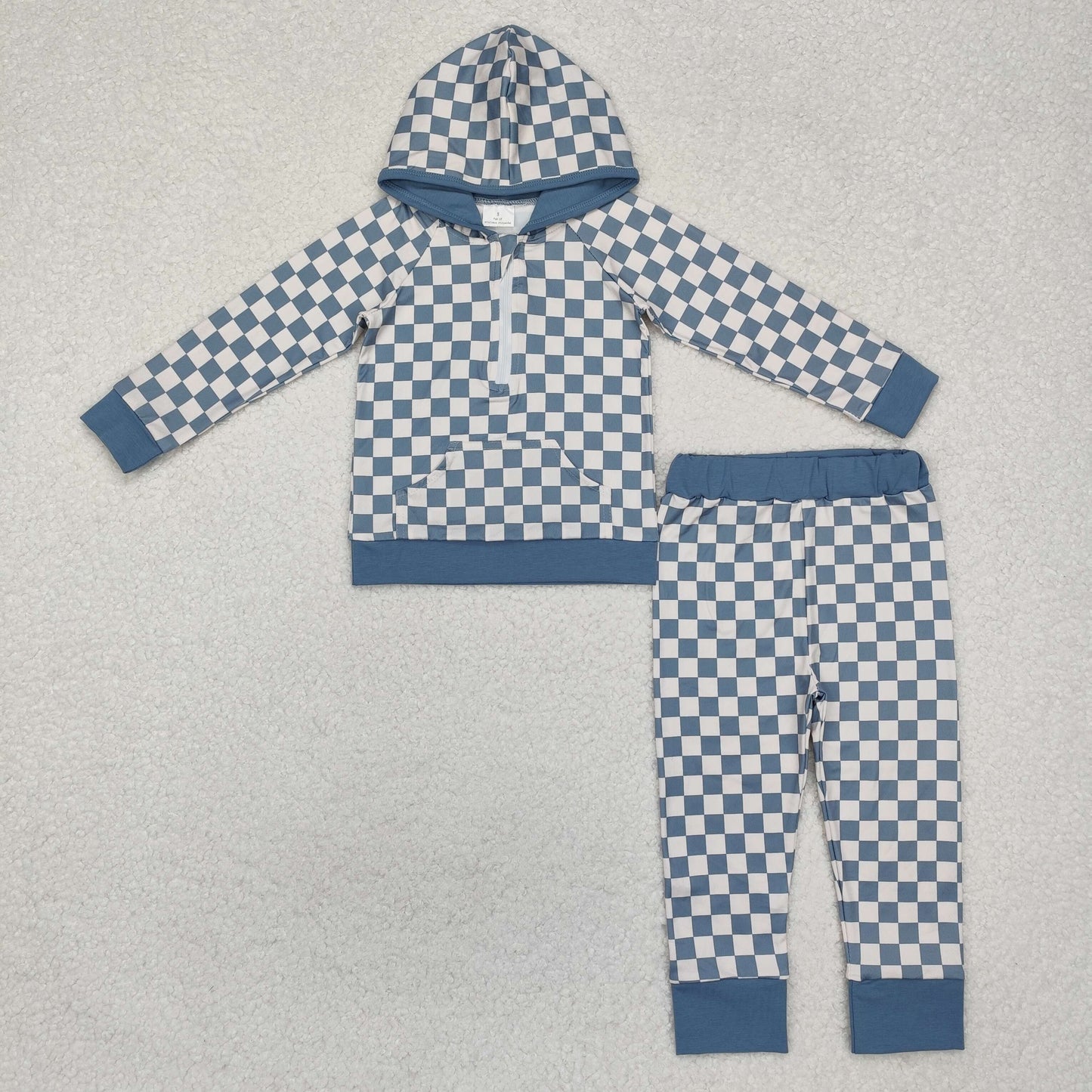 BLP0951 Light blue plaid long sleeves hoodie children clothing set