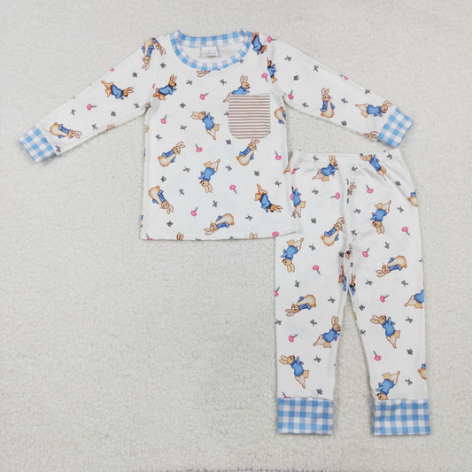 BLP1046 Light blue plaid pocket rabbit baby boy Easter pajamas