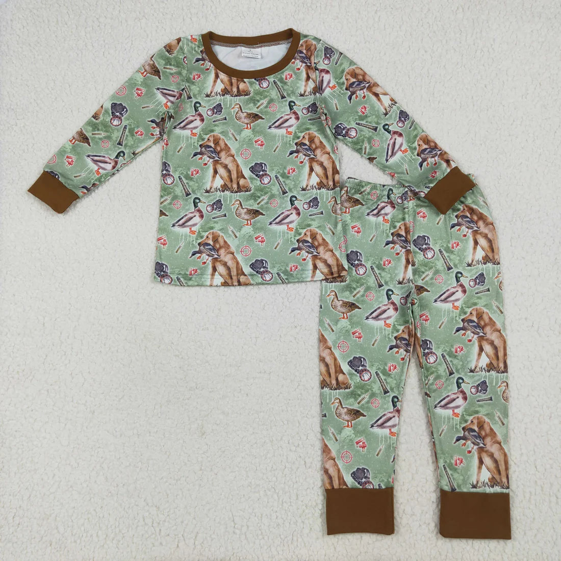 10.2 RTS Sibling Baby Boys Green Dogs Ducks Hunting Rompers Pajamas Sets
