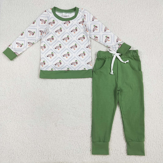 RTS NO MOQ （In stock） BLP1071 Baby Boys Winter Outfits Baby Boys Long Sleeves Green Ducks Top Pockets Legging Pant Pajamas Sets