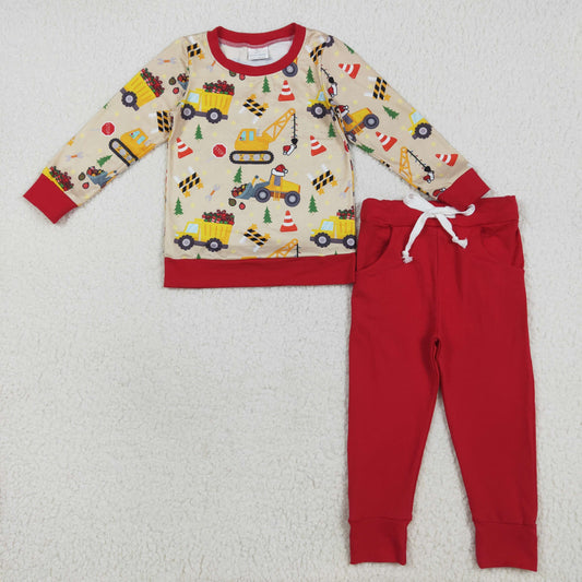 RTS NO MOQ （In stock）BLP1073 Baby Boys Winter Outfits Baby Boys Christmas Excavators Hats Top Pockets Legging Pant Sets