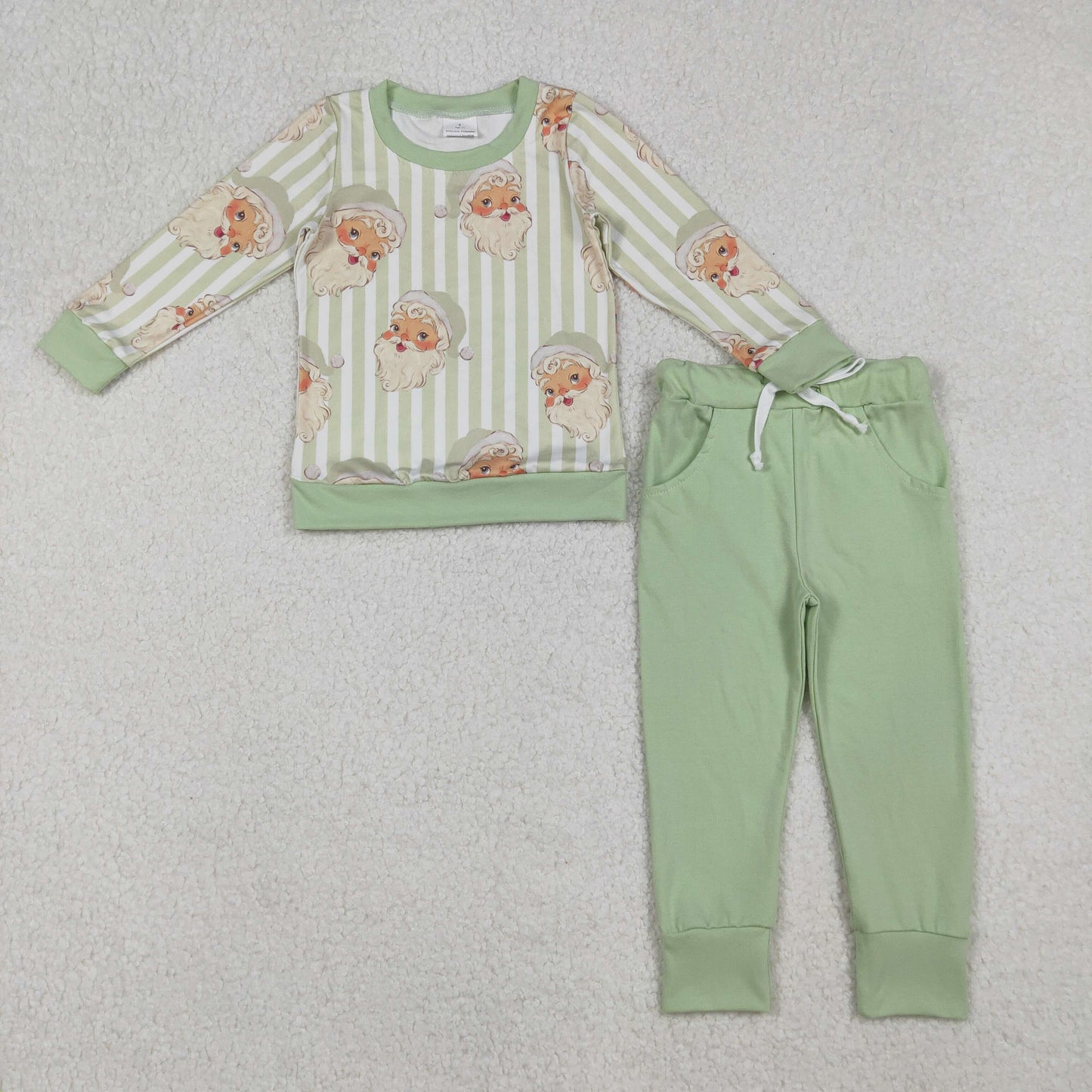 10.1 RTS NO MOQ （In stock）BLP1074  Baby Boys Winter Outfits Baby Boys Green Stripe Santa Top Pockets Pants Christmas Clothes Sets