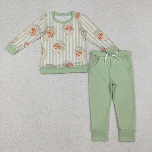 10.1 RTS NO MOQ （In stock）BLP1074  Baby Boys Winter Outfits Baby Boys Green Stripe Santa Top Pockets Pants Christmas Clothes Sets