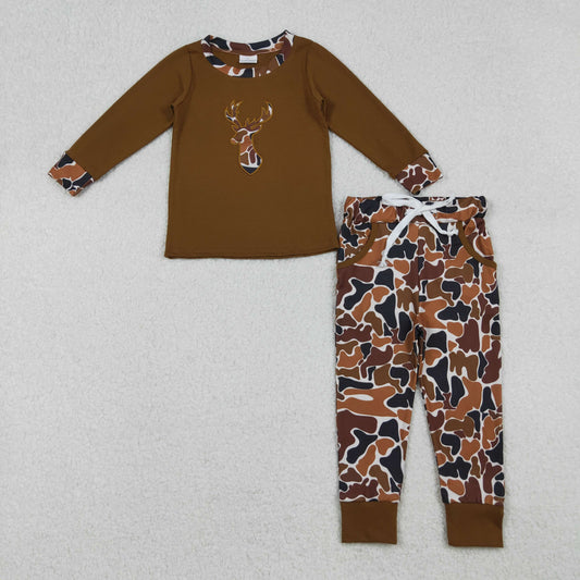 9.27 RTS NO MOQ （In stock）BLP1078  Baby Boys Winter Outfits Embroidery Camo Deer Baby Boys Brown Top Pockets Leggings Clothes Set