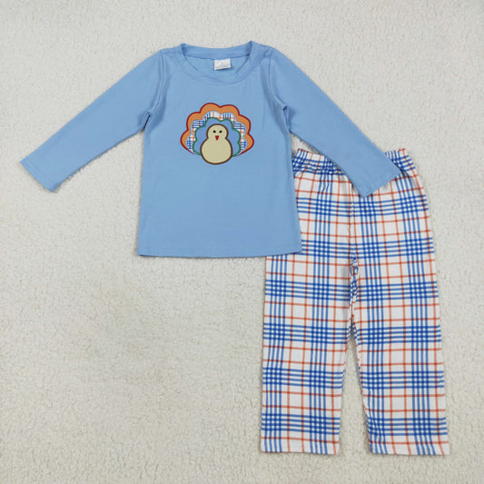 RTS NO MOQ （In stock）BLP1079 Baby Boys Winter Outfits Embroidery Baby Boys Blue Thanksgiving Turkey Top Checkered Pant Sets