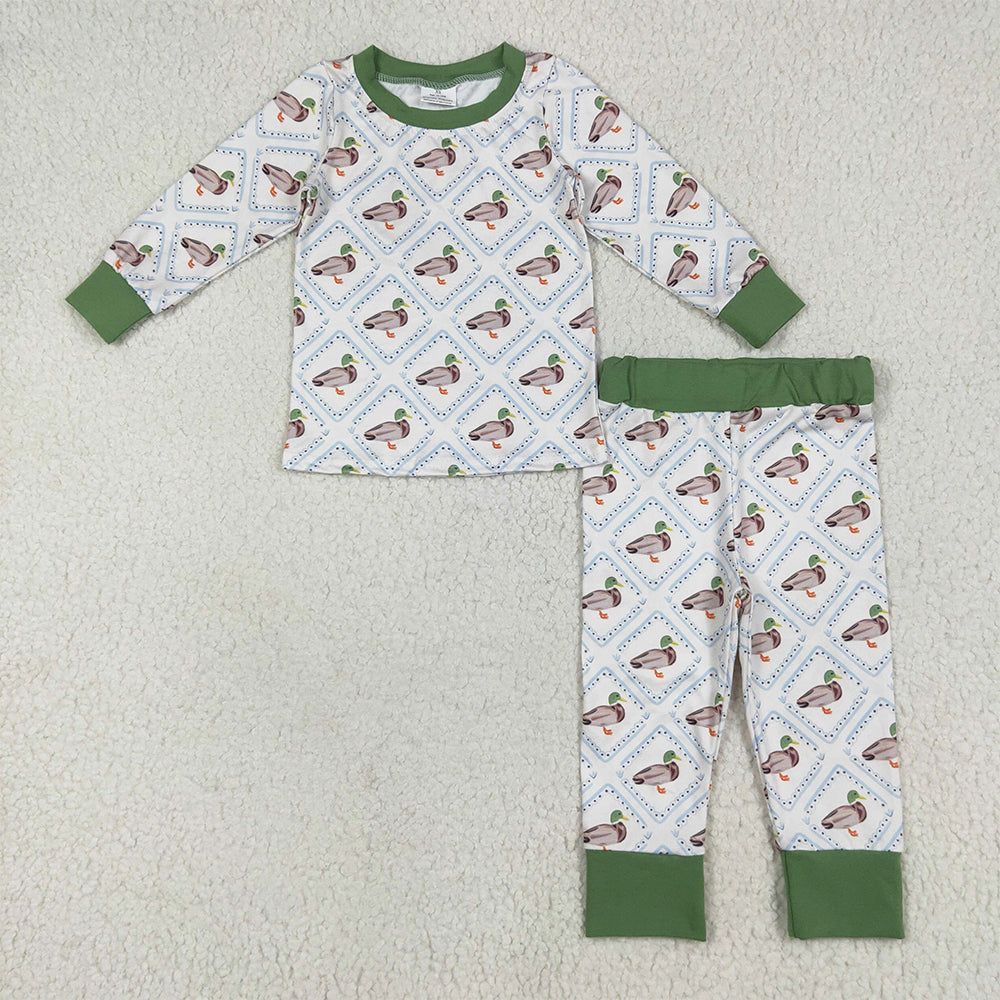BLP1086RTS NO MOQ Baby Boys Winter Outfits Baby Boys Long Sleeves Green Ducks Plaid Top Pant Pajamas Set