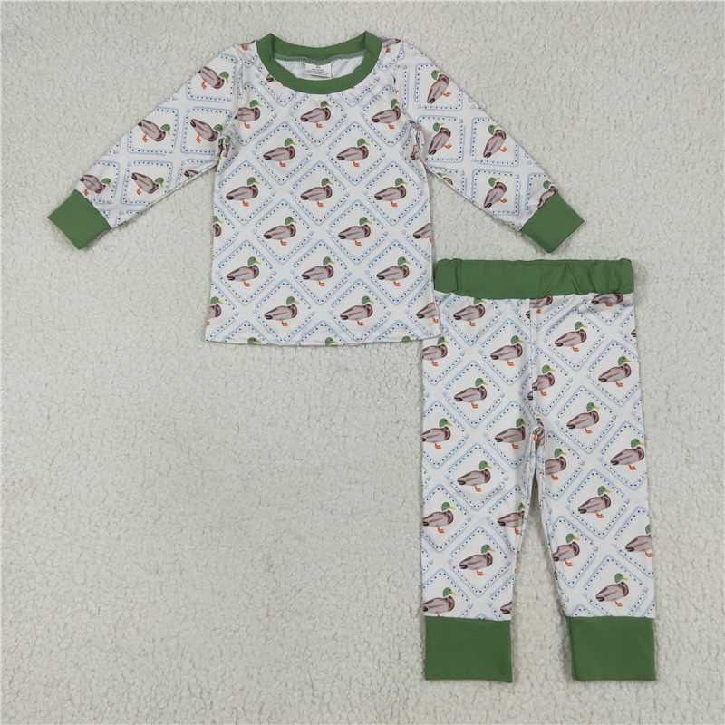 USA Warehouse (IN STOCK) BLP1086 Kids Boys Green Long Sleeves Duck Hunting Pajamas Comfortable Sleepwear for Children