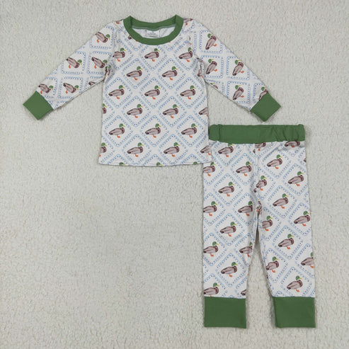 9.22 RTS Sibling Boys Green Ducks Checked Pajamas Clothes Sets Zipper Rompers Blankets