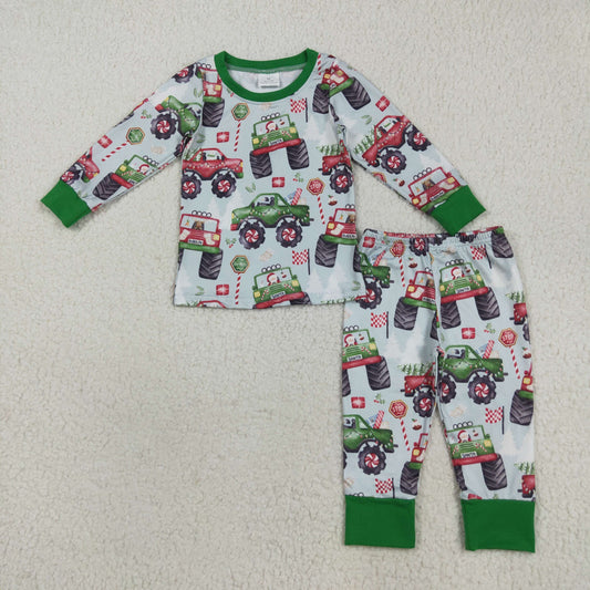 8.22 RTS NO MOQ （In stock）BLP1087 Baby Boys Winter Outfits Baby Boys Long Sleeves Trucks Trees Flags Top Pant Pajamas Set
