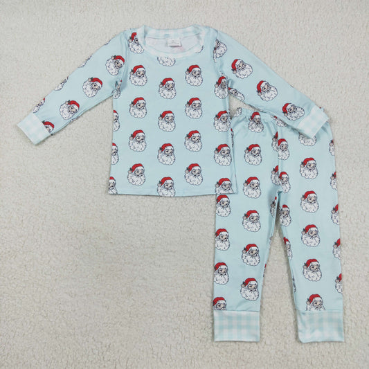 RTS NO MOQ （In stock）BLP1090 Baby Boys Winter Outfits Baby Boys Blue Christmas Santa Top Pants Pajamas Sets