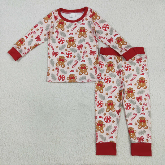 8.23 RTS NO MOQ （In stock）BLP1093 Baby Boys Winter Outfits Baby Boys Red Gingerbread Candy Cane Top Pant Christmas Pajamas Set