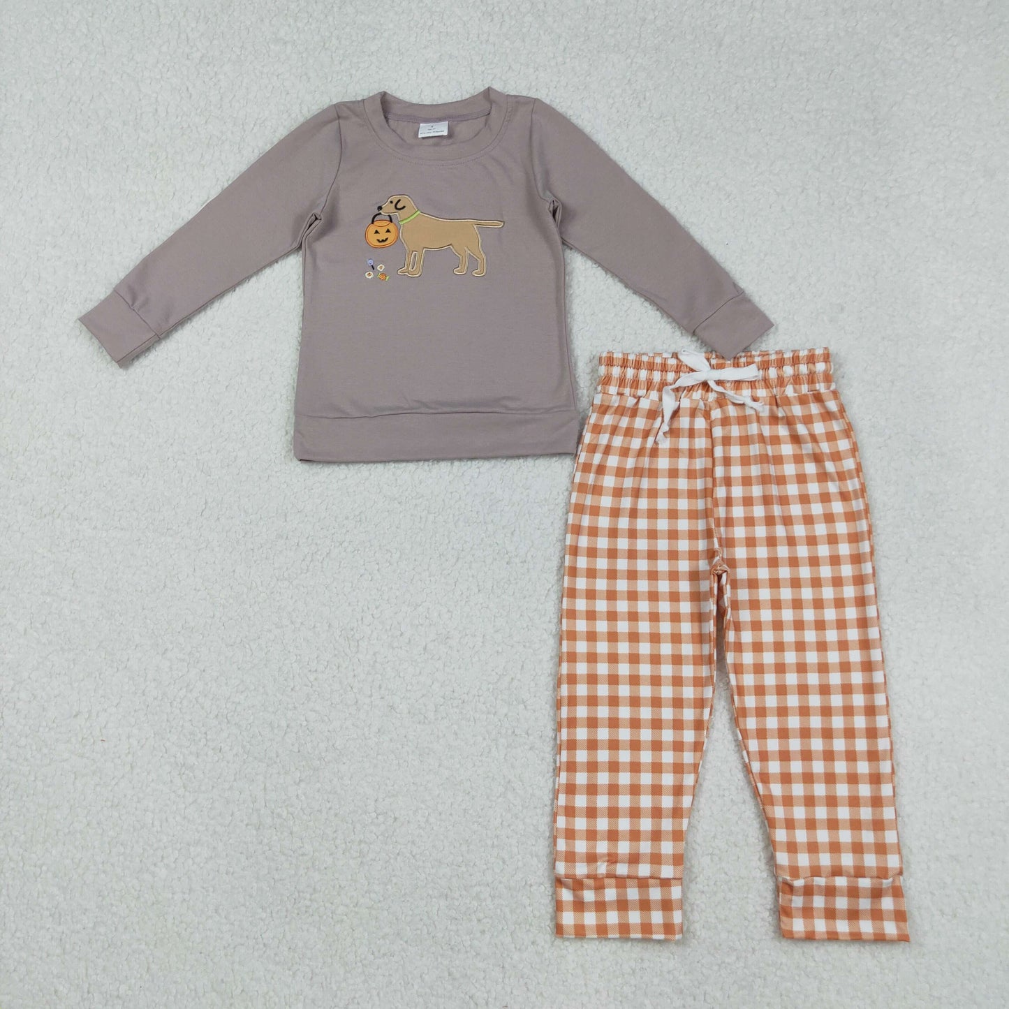 RTS NO MOQ （In stock）BLP1098 Baby Boys Winter Outfits Halloween Ghost And Pumpkins Dog Top with Orange Plaid Pants Outfit