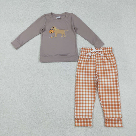RTS NO MOQ （In stock）BLP1098 Baby Boys Winter Outfits Halloween Ghost And Pumpkins Dog Top with Orange Plaid Pants Outfit