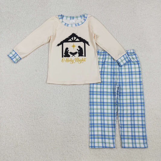10.10 RTS NO MOQ （In stock）BLP1100 Baby Boys Winter Outfits Baby Boys Jesus Nativity Top Checked Pants Christmas Clothes Sets