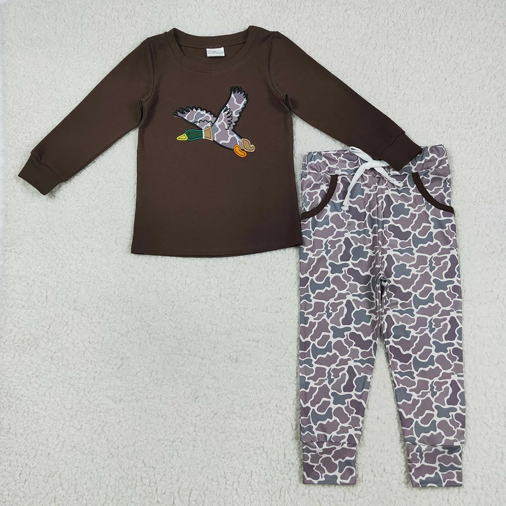 10.1 RTS Sibling Embroidery Baby Boys Brown Duck Top Camo Rompers Outfits Sets