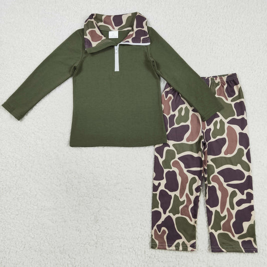 RTS NO MOQ （In stock）BLP1138 Baby Boys Winter Outfits Baby Boys Dark Green Long Sleeves Zipper Top Camo Pant Western Set