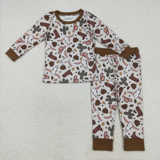 RTS NO MOQ （In stock）BLP1141 Baby Boys Winter Outfits Baby Boys Brown Western Bull Skull Cactus Top Pant Pajamas Sets