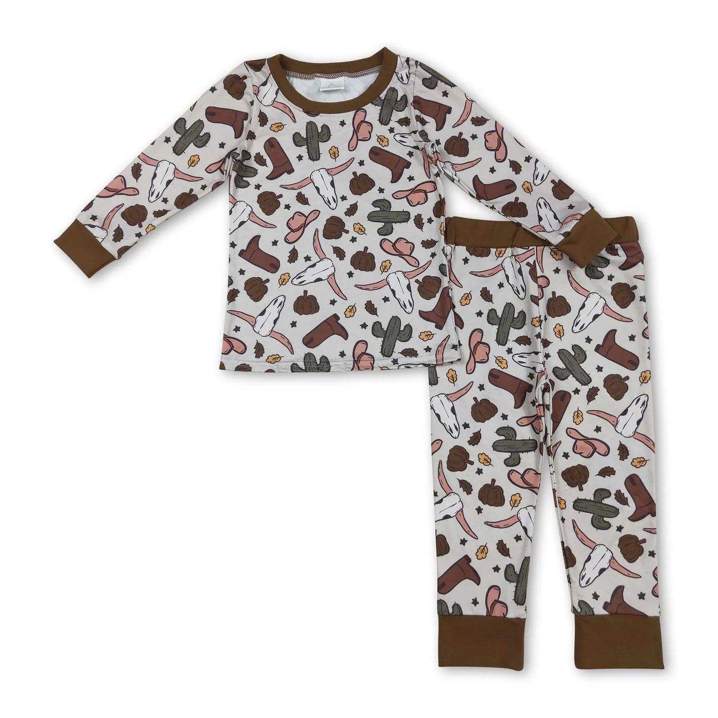 9.30 RTS Sibling Baby Boys Western Bull Skull Cactus Rompers Pajamas Clothes Sets