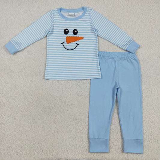 RTS NO MOQ （In stock）BLP1150 Baby Boys Winter Outfits Embroidery Baby Boys Light Blue Stripe Winter Snowman Top Pant Pajamas Sets