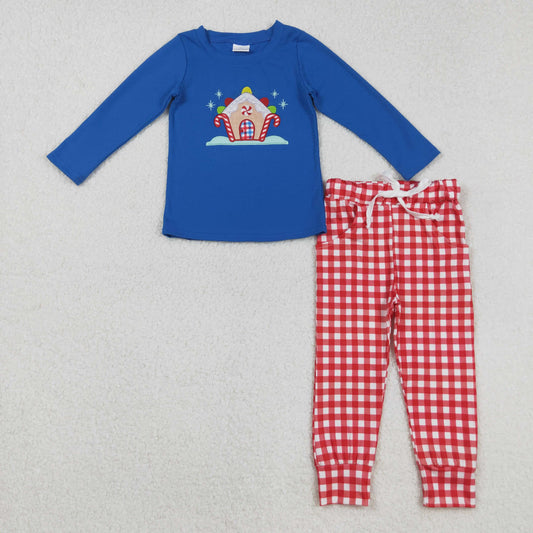RTS NO MOQ （In stock）BLP1151 Baby Boys Winter Outfits Embroidery Christmas Candy Cane Print Long Sleeve Top with Pockets Red Plaid Pants Two-Piece Outfit Set