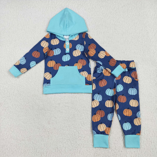 RTS NO MOQ （In stock）BLP1154 Baby Boys Winter Outfits Baby Boys Colorful Pumpkins Pocket Button Hoodies Legging Pants Sets