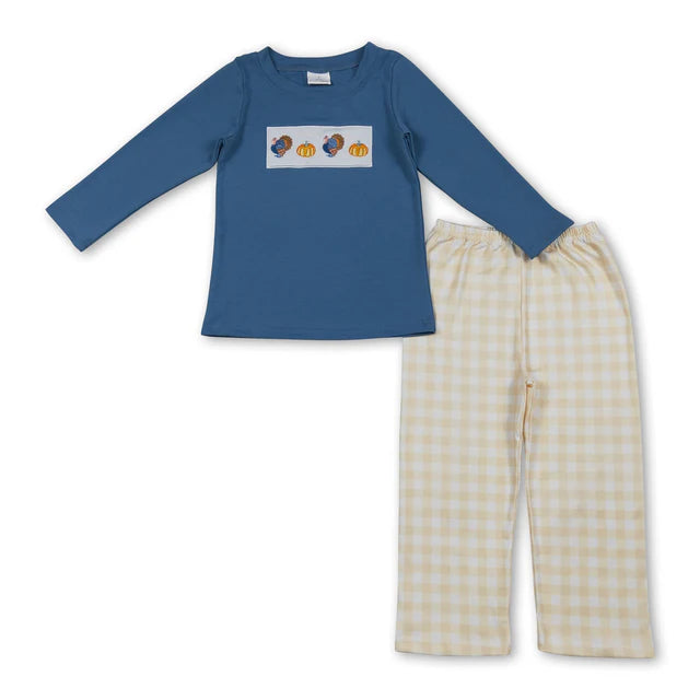 RTS Sibling Sibling milk silk Baby Girls And Boys Cute Embroidery Turkey And Pumpkins Plaid Pants Thanksgiving Clothes Set Rompers