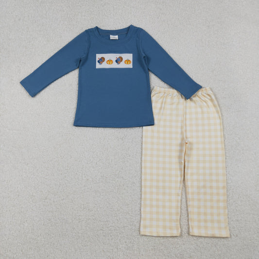 10.13 RTS NO MOQ （In stock）BLP1176 Baby Boys Winter Outfits Embroidery Turkey Pumpkins Baby Boys Plaid Pant Thanksgiving Clothes Set