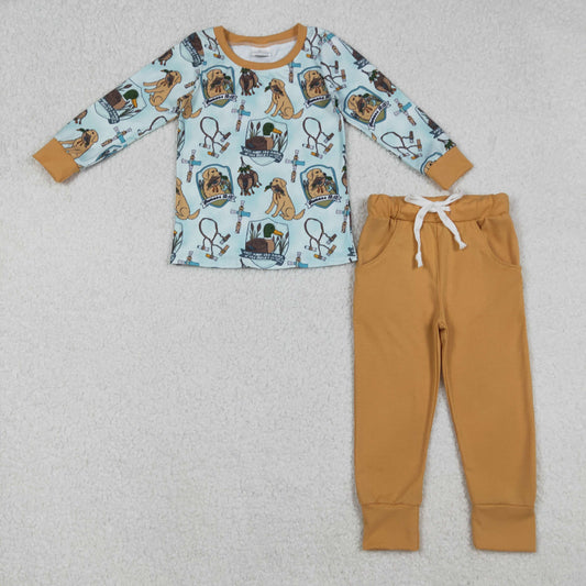 RTS NO MOQ （In stock）BLP1177 Baby Boys Winter Outfits Ducks Dogs Hunting Top Pants Southern Pajamas Sets