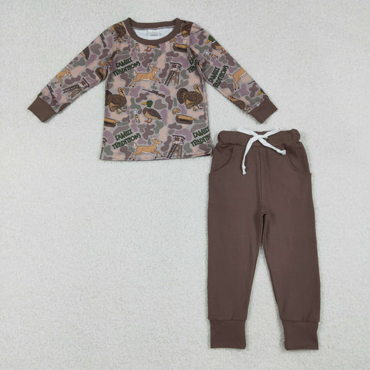 9.30 RTS NO MOQ （In stock）BLP1178  Baby Boys Winter Outfits Baby Boys Brown Turkey Ducks Camo Top Pockets Pant Hunting Clothes Set