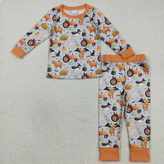 RTS NO MOQ （In stock）BLP1179 Baby Boys Winter Outfits Baby Boys Bats Farm Pumpkins Top Pant Halloween Pajamas Set